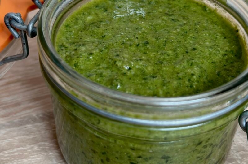 Homemade pesto with walnuts in a pot