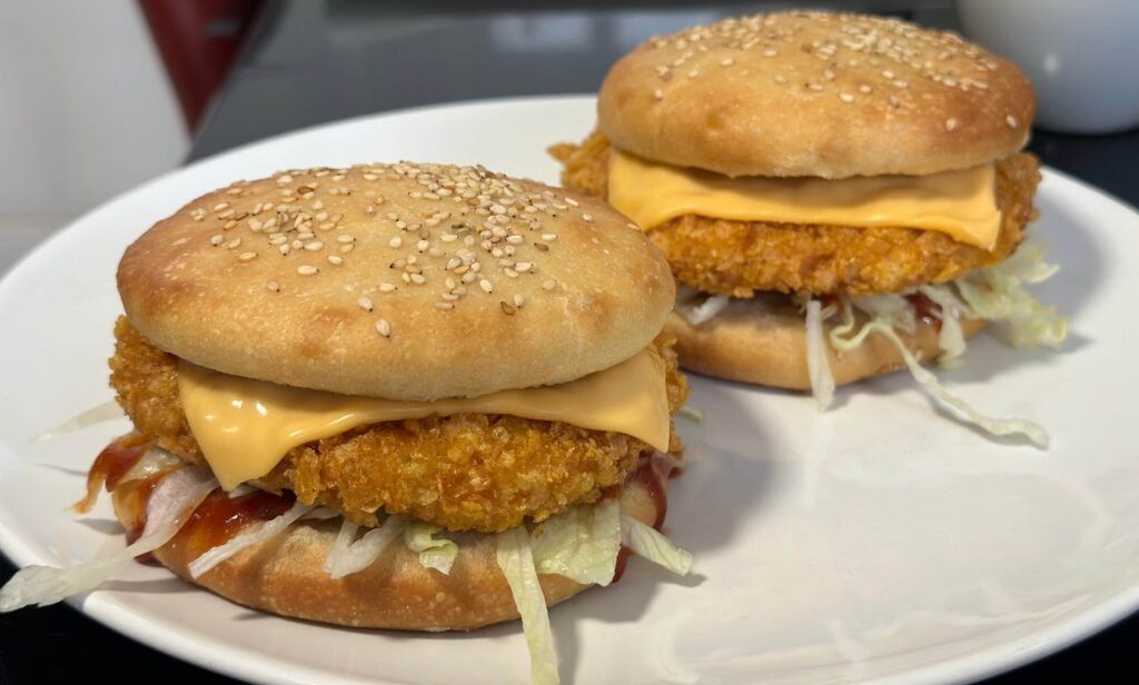 two chicken burgers on a plate