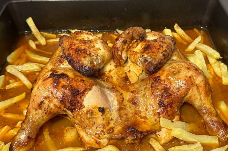 roast chicken with french fries in sauce